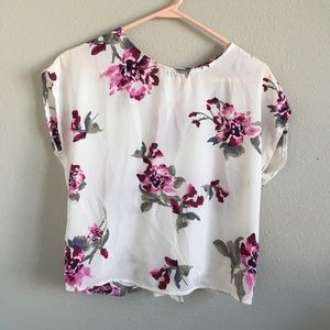 Forever 21 White & Pink Floral Spring Tie-Back Top